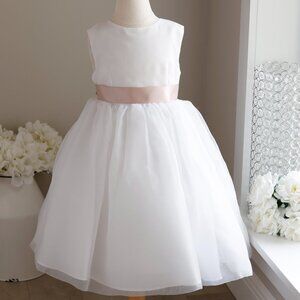 White Organza Flower Girl Dress Satin Sash Lightweight Comfort Special Occasion